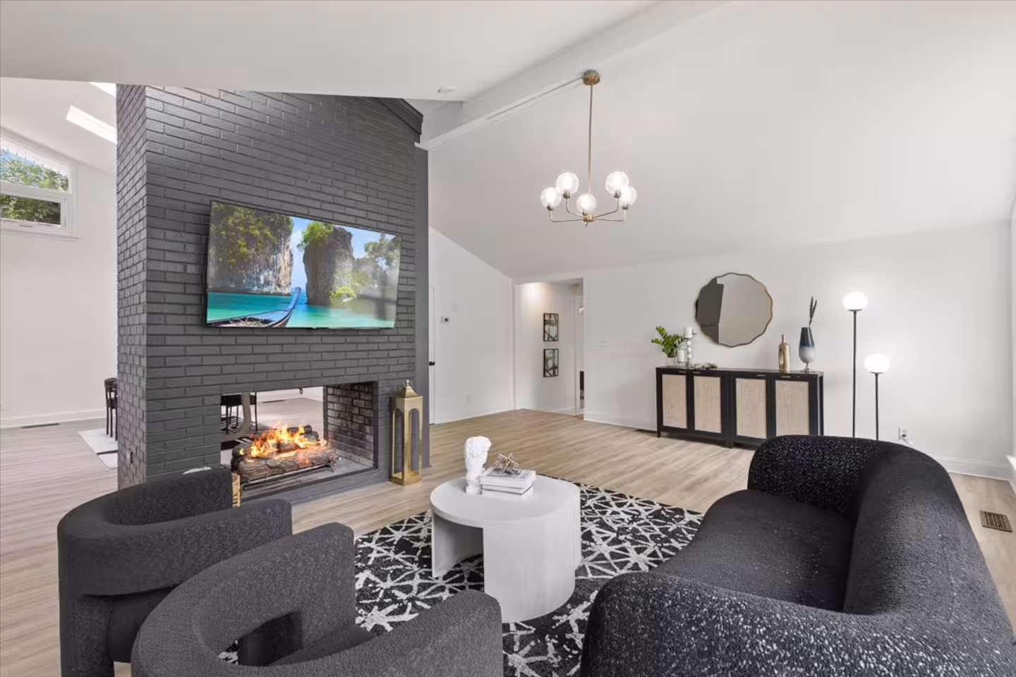 Designer-led living room of Forest Hill Residence, a Bello Homes short-term rental in Greenville, NC