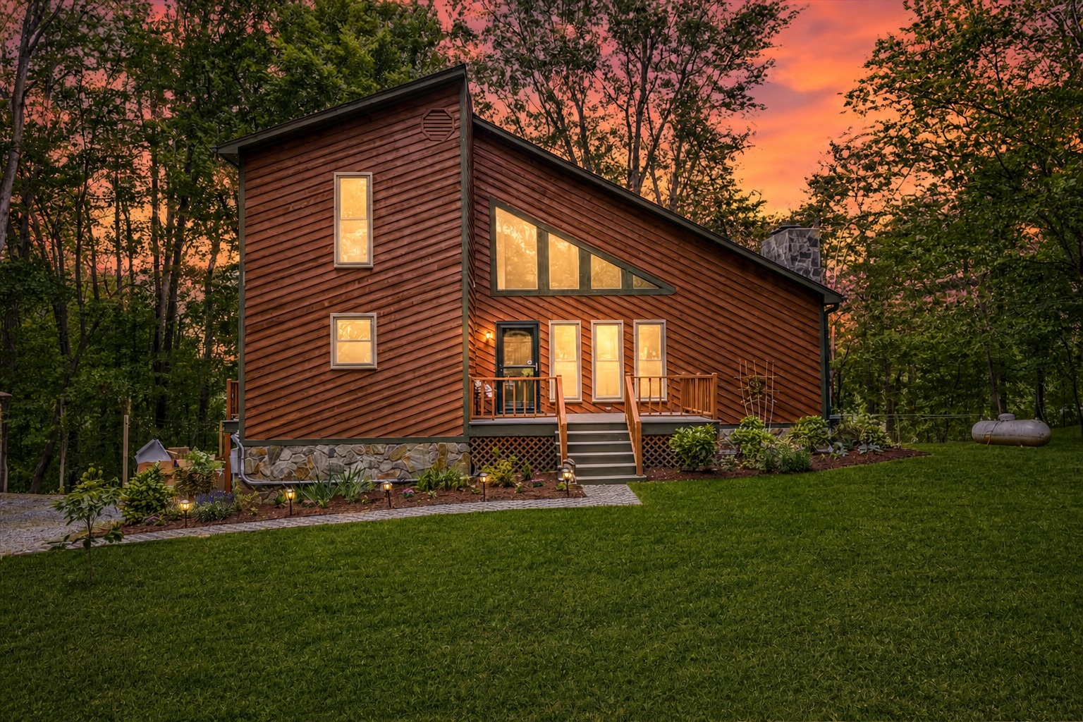 Mayo Lake lakefront vacation rental at sunset, North Carolina
