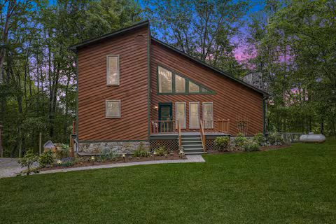 Front facade of the Virgilina Lake House, a Bello Homes lakefront short-term rental