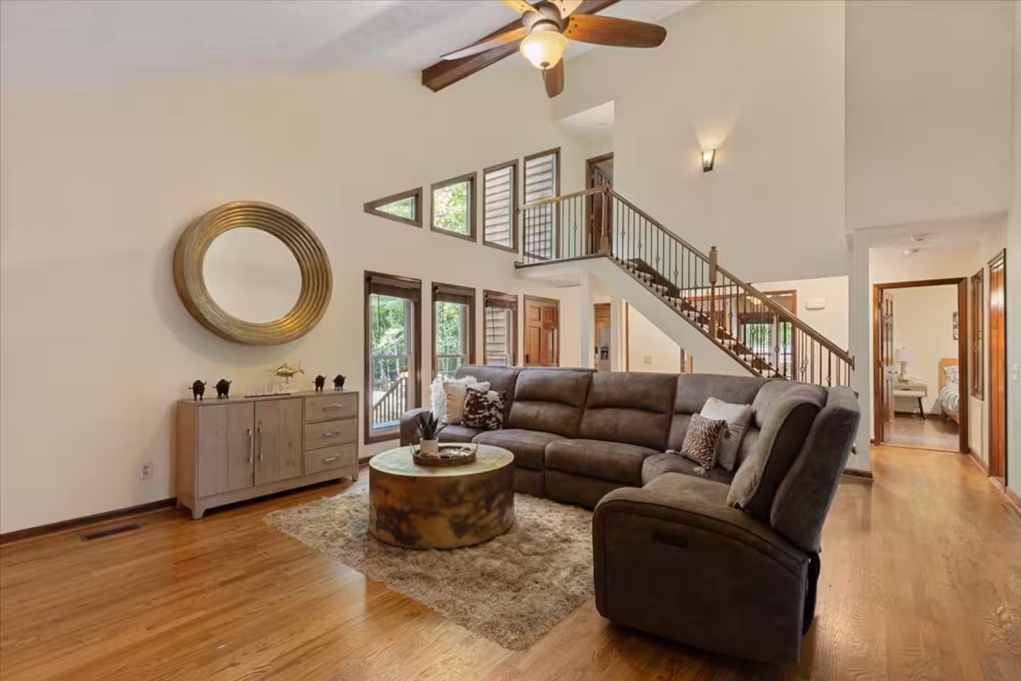 Lakeside living room at the Virgilina Lake House, a Bello Homes managed short-term rental