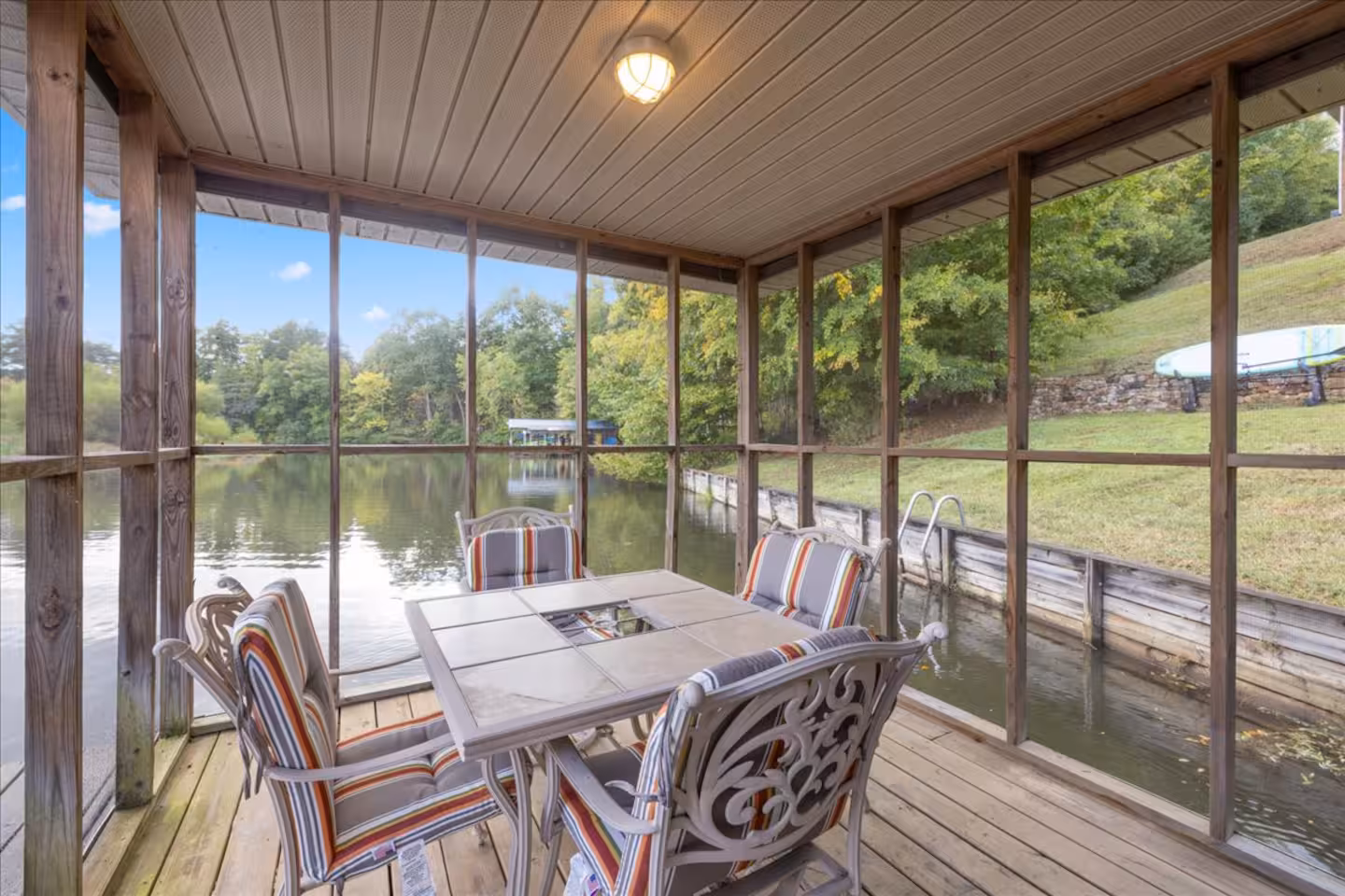 Lakefront deck at the Zane Home, a Bello Homes vacation rental in Leasburg, NC
